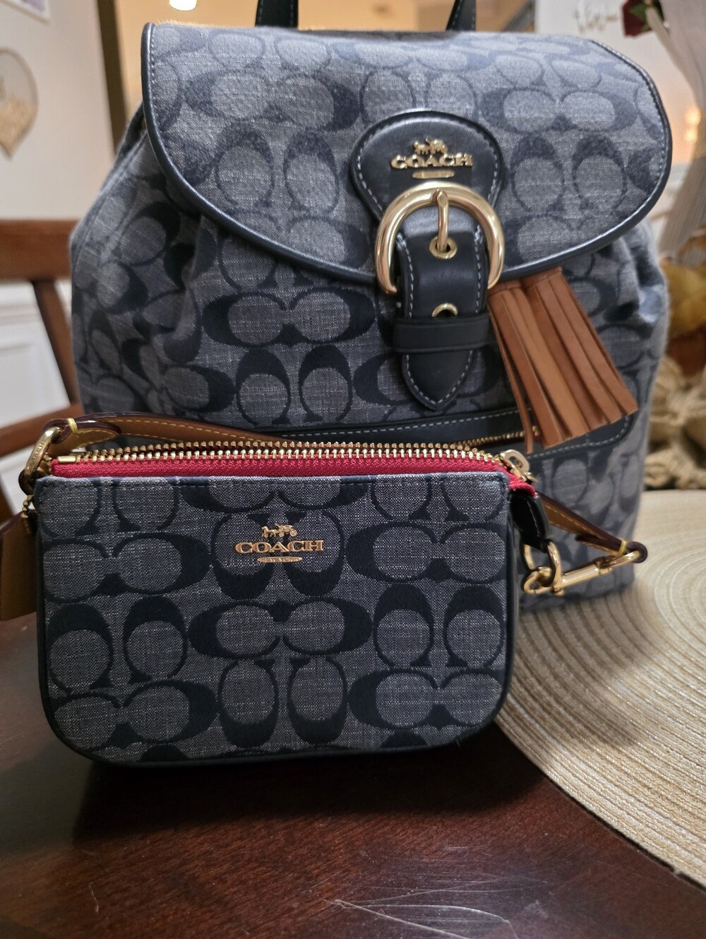 Coach Gray Signature Canvas Backpack with Matching Wristlet and Tan Tassel